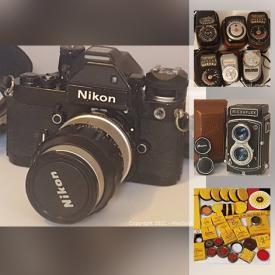 MaxSold Auction: This online auction features antique folding camera, 35mm SLR film cameras, antique box cameras, binoculars, lenses, flash units, exposure meters, vintage movie cameras, enlarger developer, miniature spy cameras, antique microscope, Camera bags and much more!